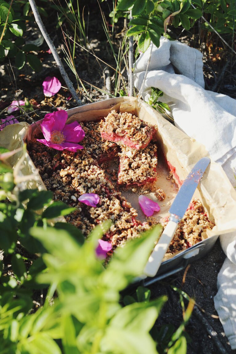 Strawberry Rhubarb Rose Crumble Bars