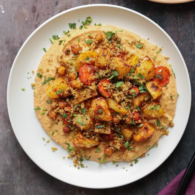 Harrissa Roasted Vegetables with Bean Puree and Walnut Crumble